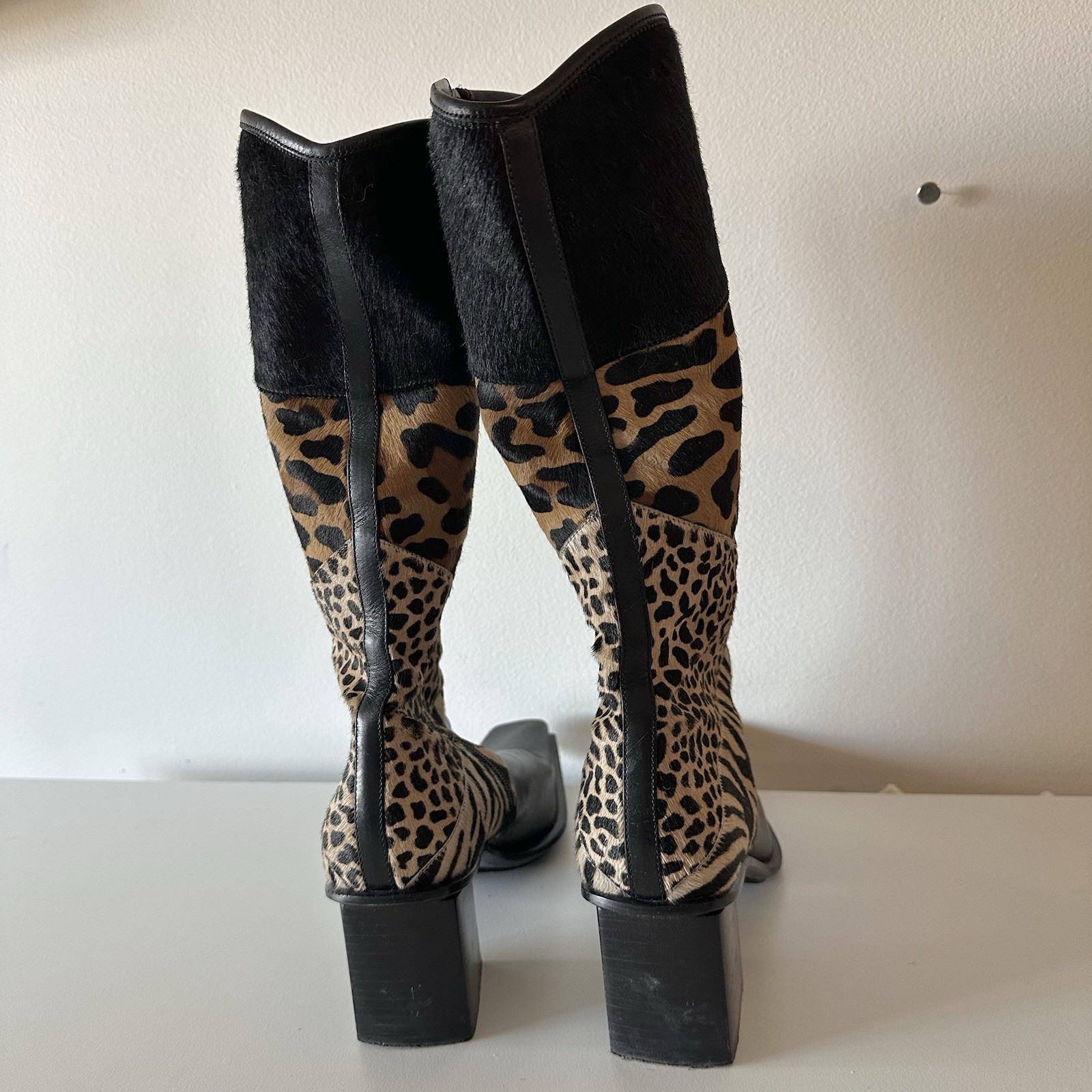 Vintage Y2K Sergio Rossi Patchwork Pony Hair Leather Tall Boots 38.5 Leopard