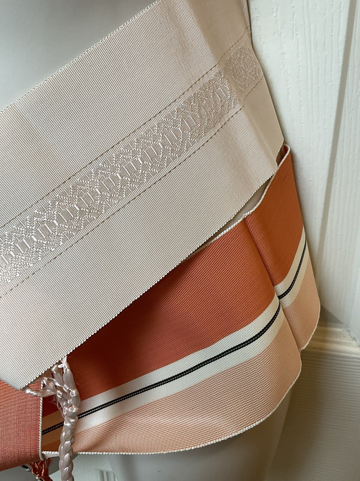 Japanese Obi Tie Waist Fabric Belt Peach Orange Stripes 40 Inches Spring Vintage