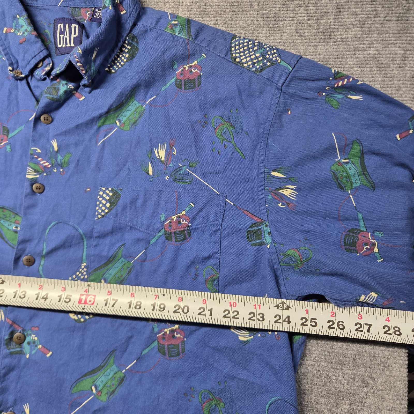Vintage GAP Fishing Fisherman Print Button Down Mens Shirt Rod Reel Tackle Sz XL