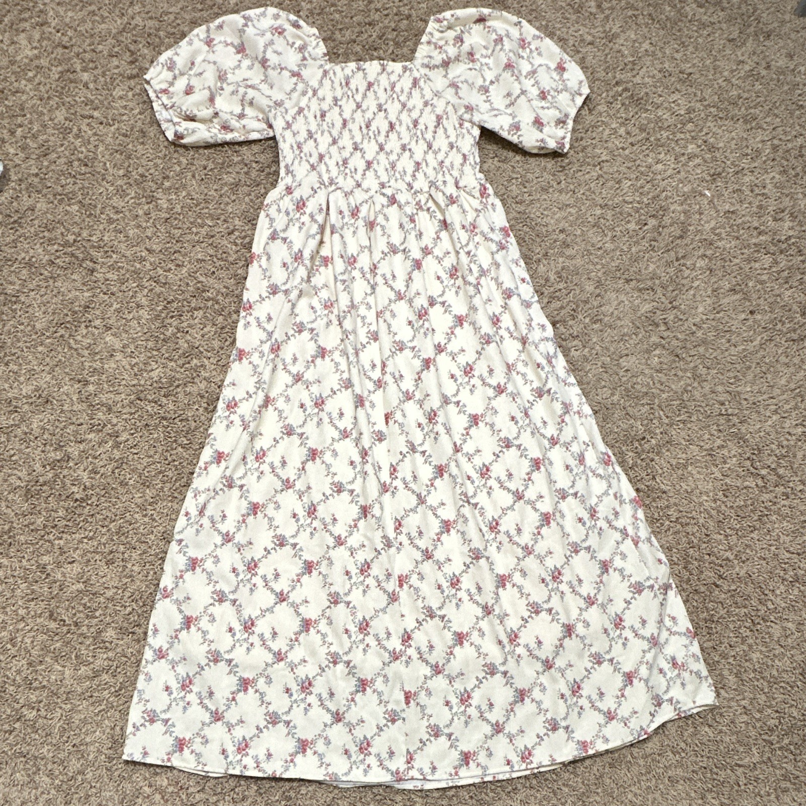 Pink Desert Womens Ivory/Pink/Blue Floral Sweetheart Smocked Maxi Dress L