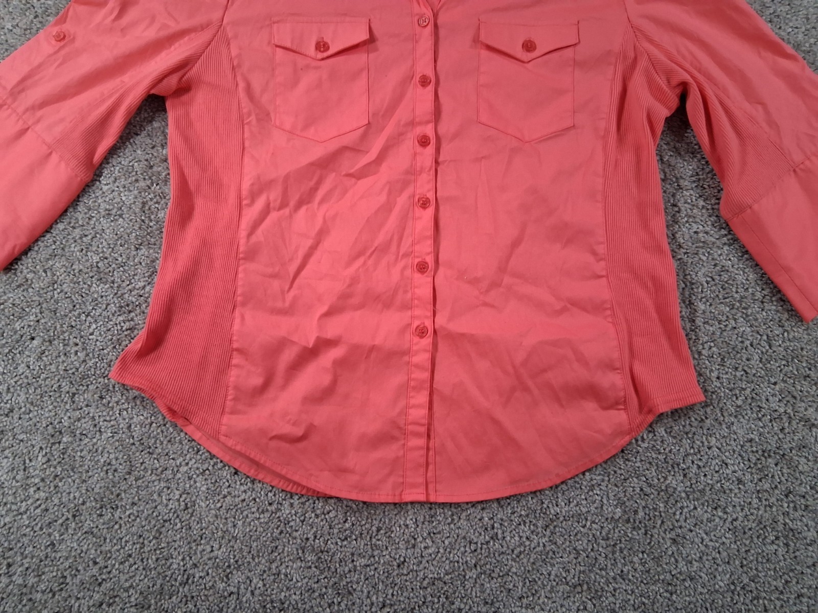 Hester & Orchard XL Womens 3/4 Sleeve Button Up Shirt Coral Roll Tab NWOT