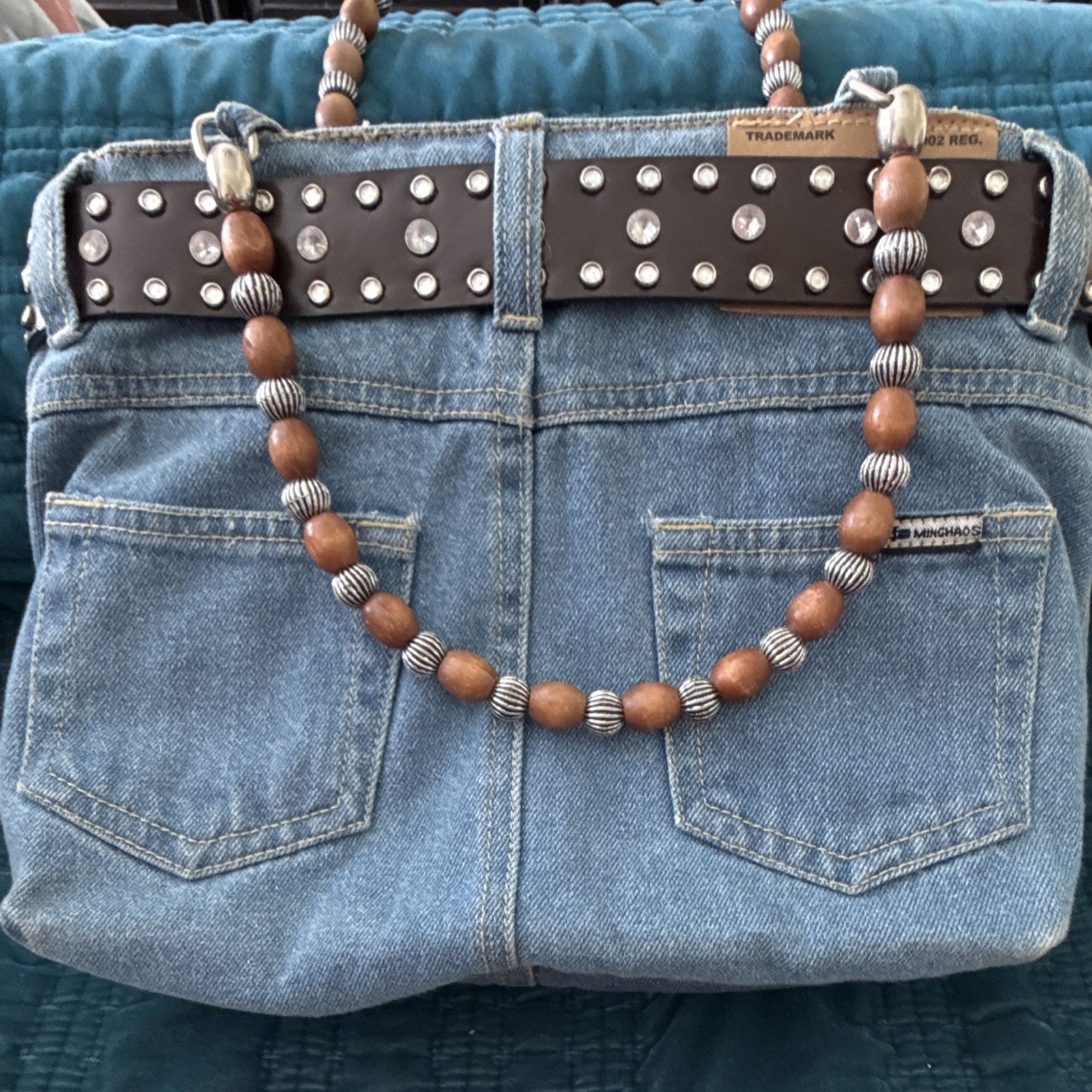 Denim Tote Bag Wood Beaded Shoulder Strap Studded Buckle Animal Print Lined