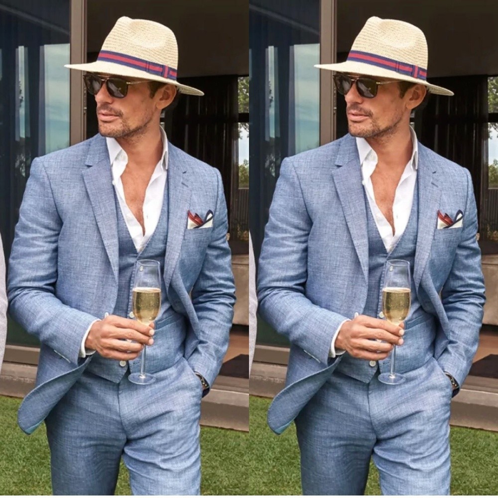 Sky Blue Linen Men’s Suits Formal Suit Wedding Groom Business Men Tuxedos