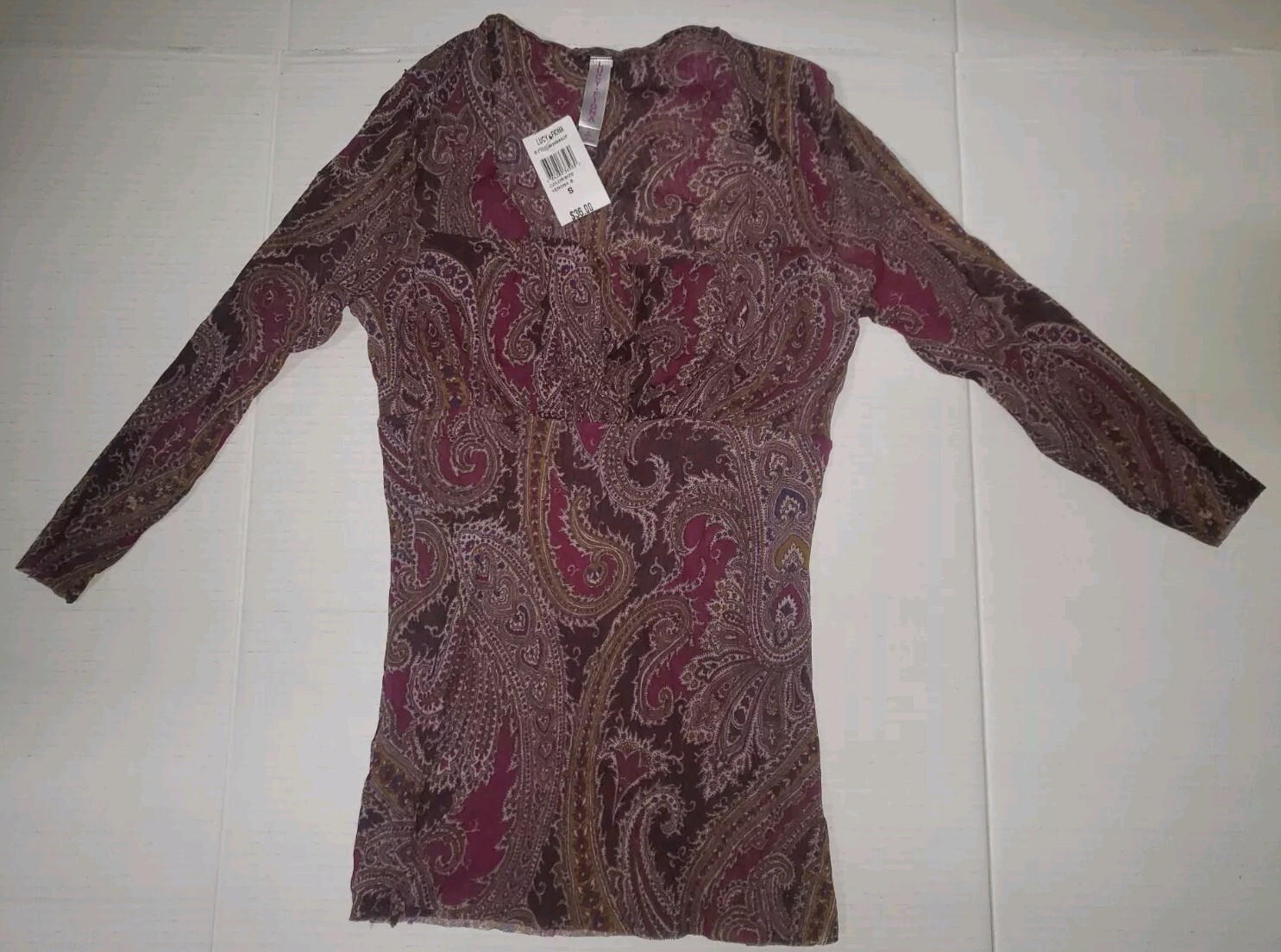 LUCY FIONA Top Small Red Paisley Nylon Mesh Semi Sheer Knit Scoop Neck Shirt