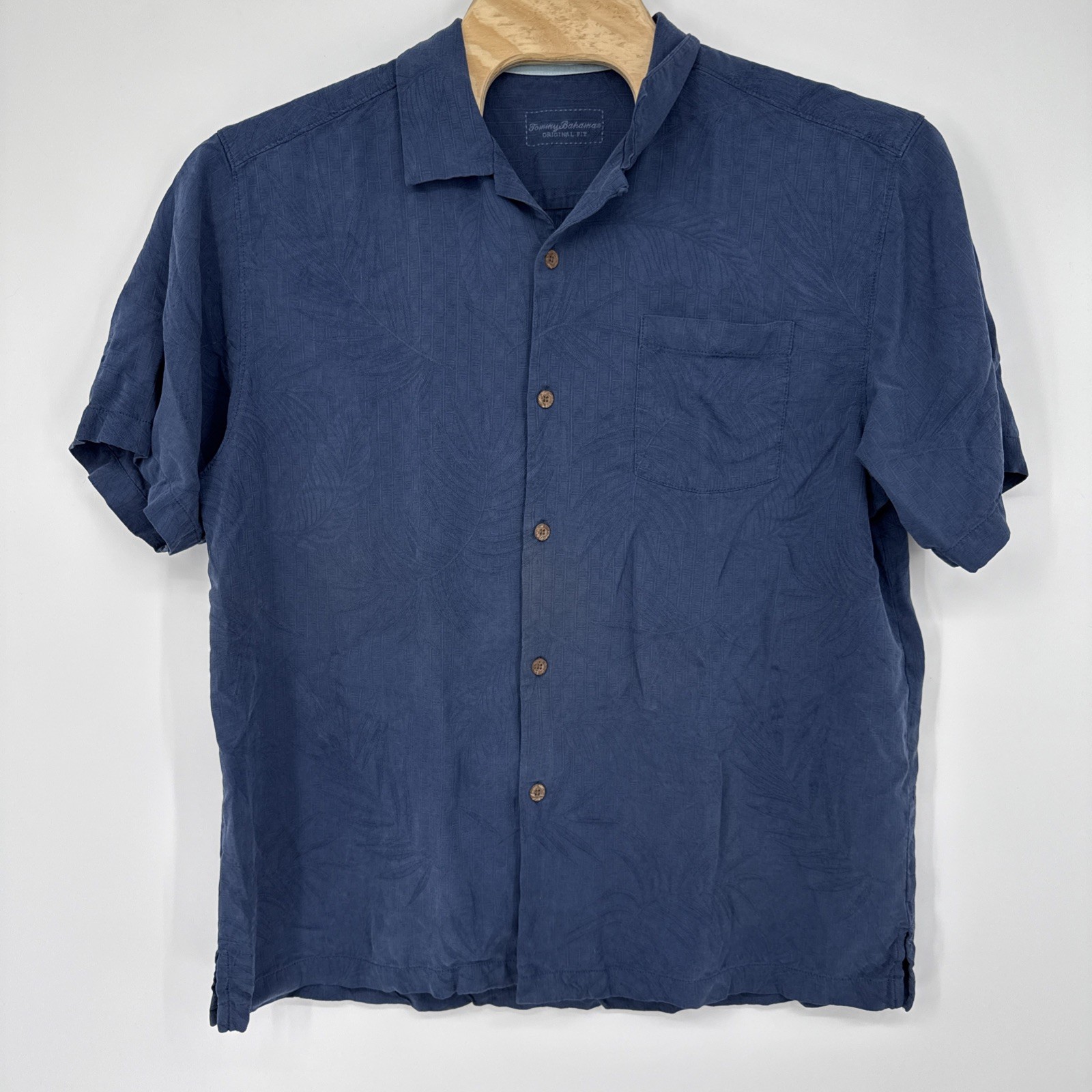 Tommy Bahama 100% Silk Camp Shirt Blue Tonal Palm Tree Jacquard Button Down XL