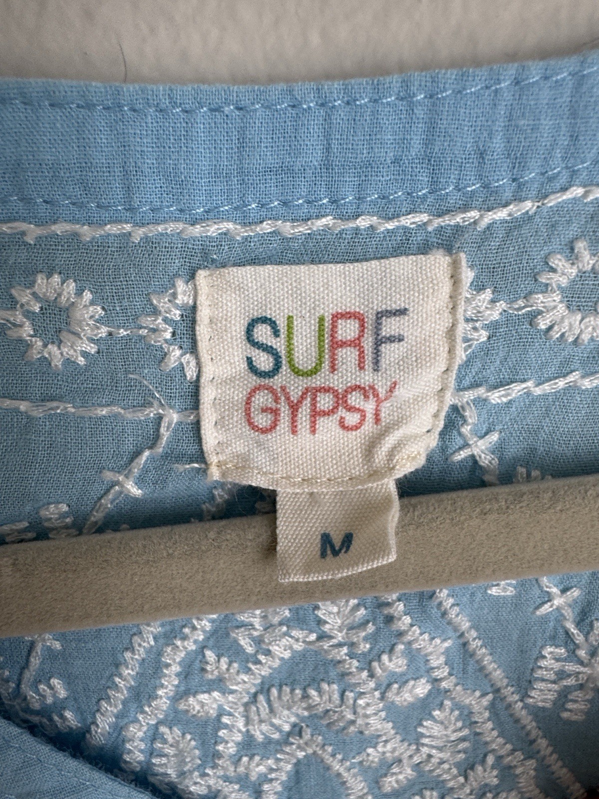 Surf Gypsy Blue Embroidered Cotton Tunic Boho Beach Cover Up Top Medium