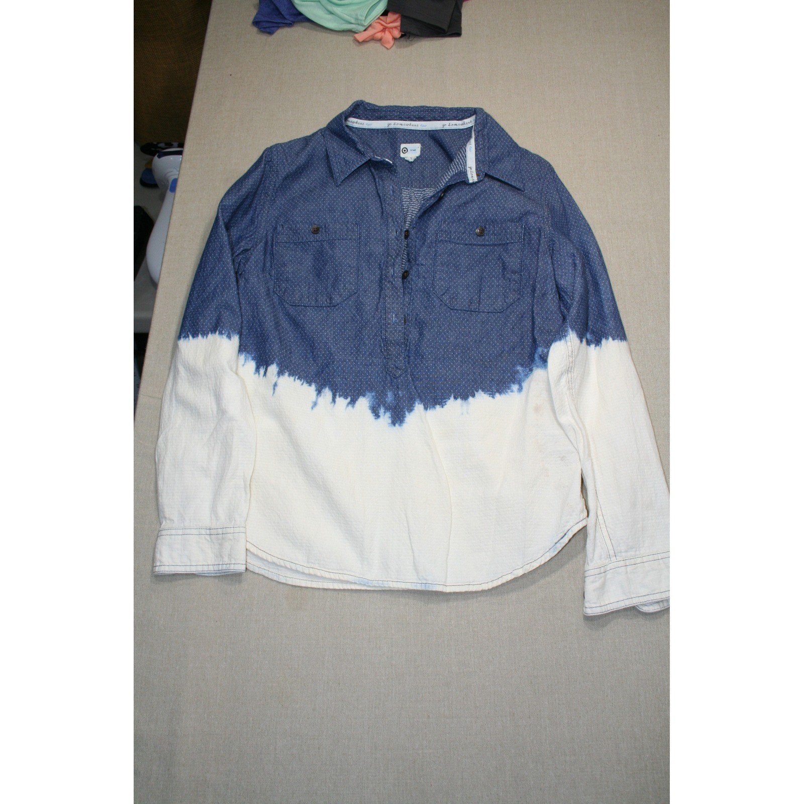TOMS for Target Womens Blue White Dip Dye Ombre Polka Dot Button Down Shirt M