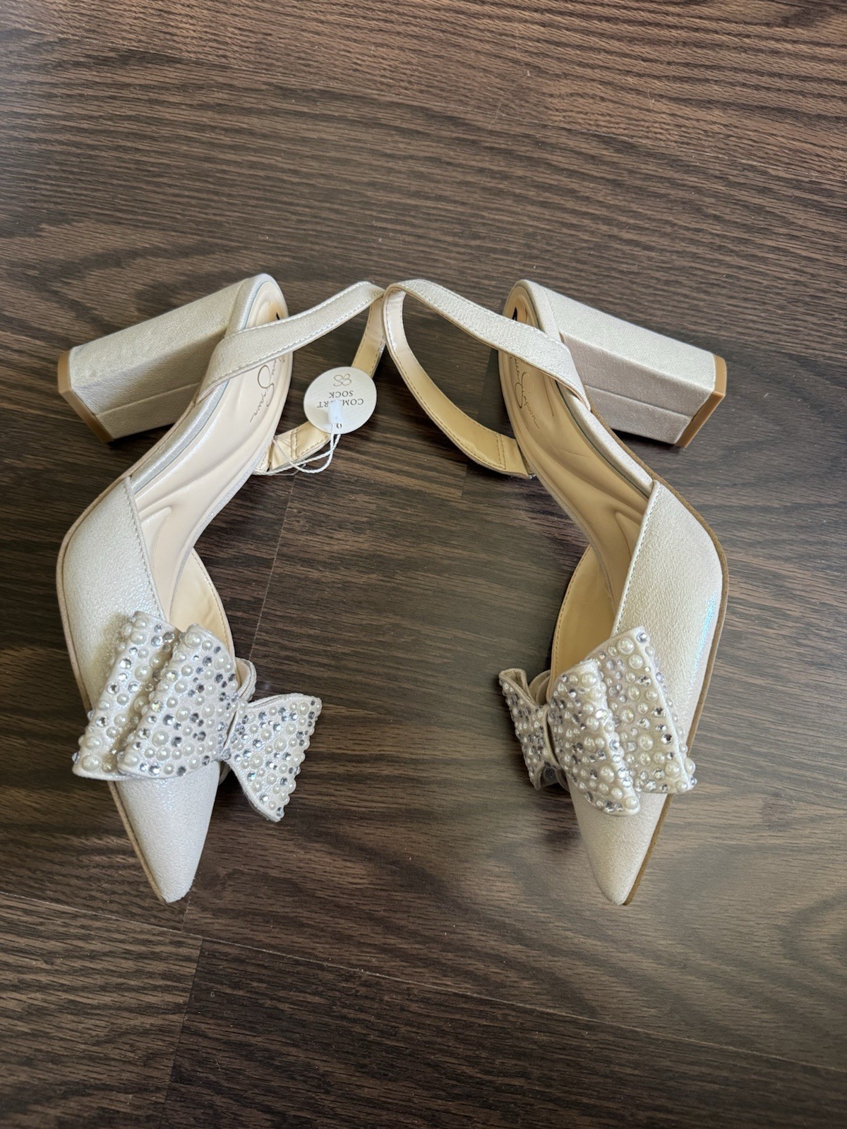 Jessica Simpson Ivory Slingback Block Heel Pointed Toe Bow Rhinestone Pearl 7