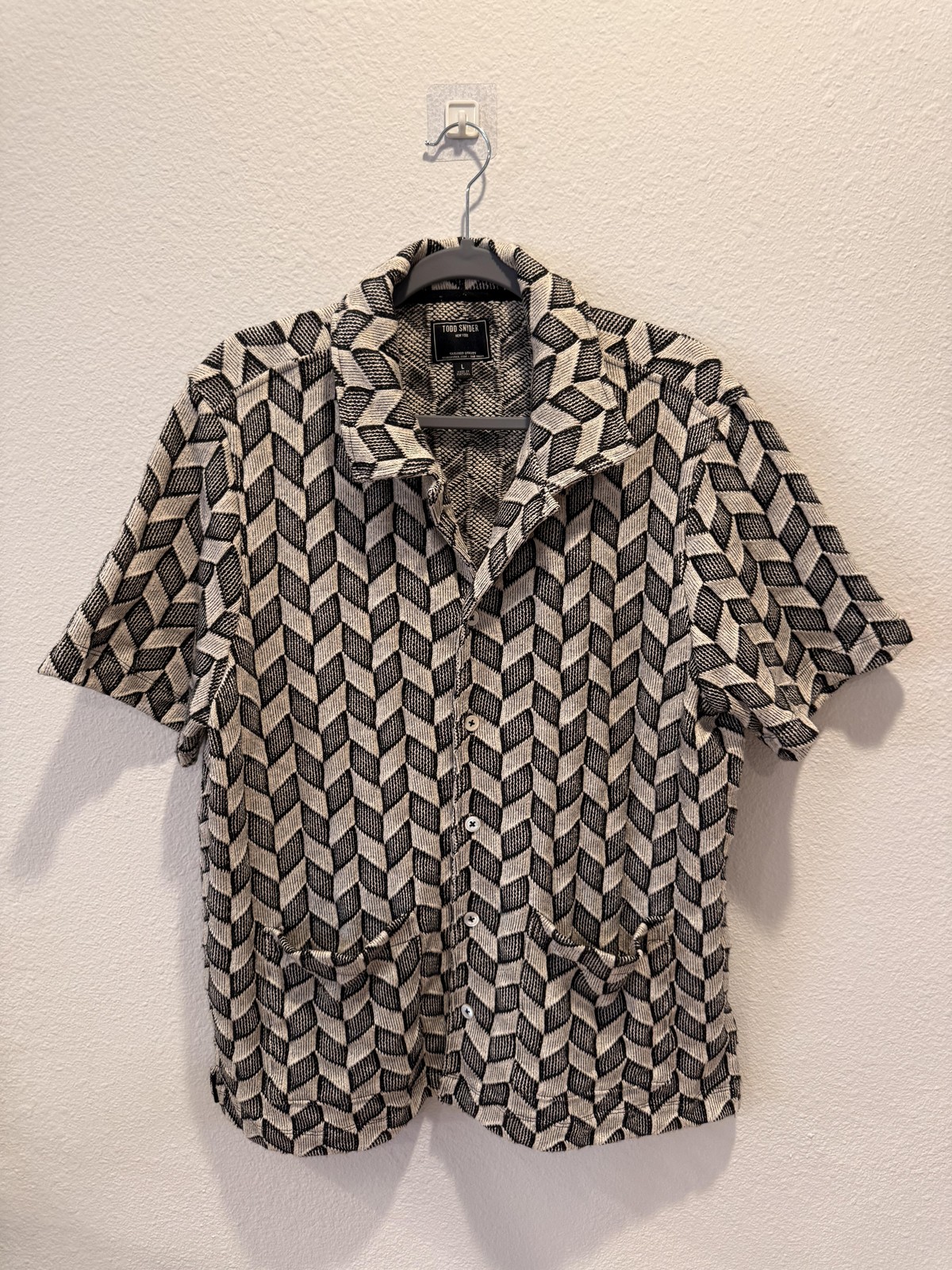 Todd Snyder Shirt Mens Large Black Geometric Knit Button Up Short Sleeve Pockets
