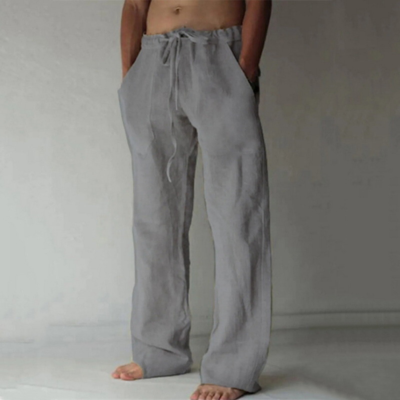 Mens Cotton Linen Loose Pants Solid Color⭐Casual Baggy Summer Beach Trousers