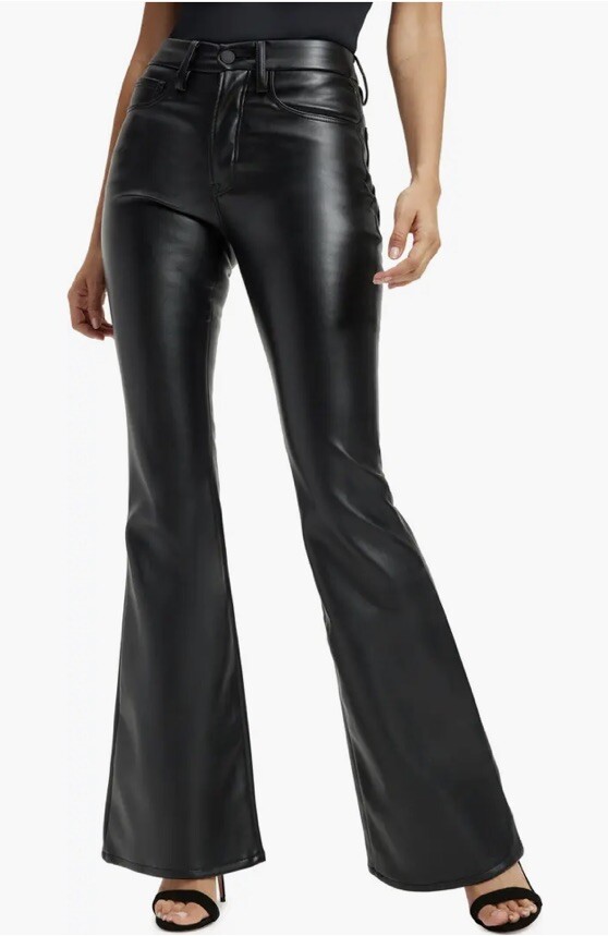Good American Women’s Sz 00/24 Black Vegan Leather High-Rise Waist Flared Pants