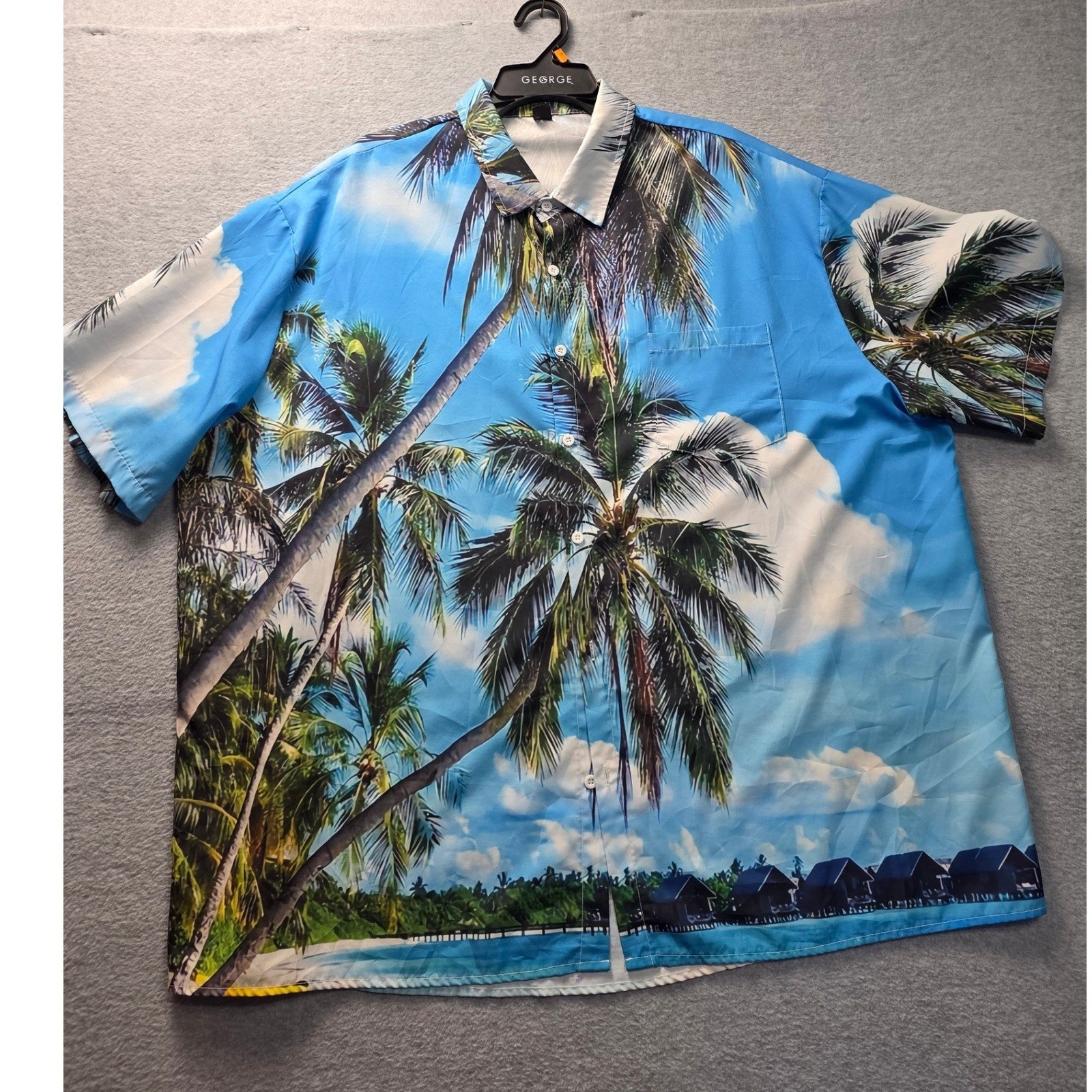 Mens 3XL Blue Tropical Palm Tree Hawaiian Button Down S/S Sleeve Beach Aloha