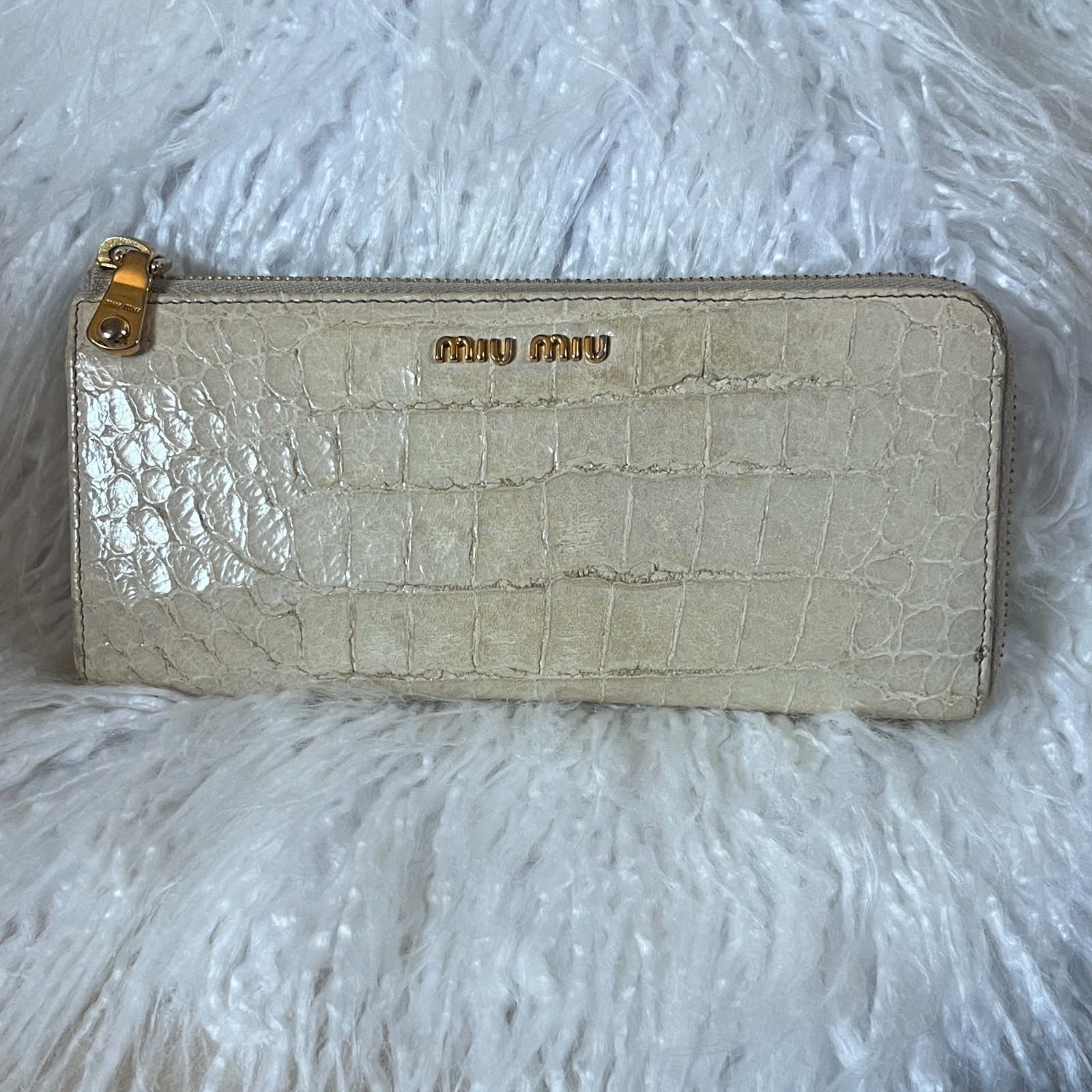 Miu Miu Beige Croc Embossed Zip Clutch Wallet