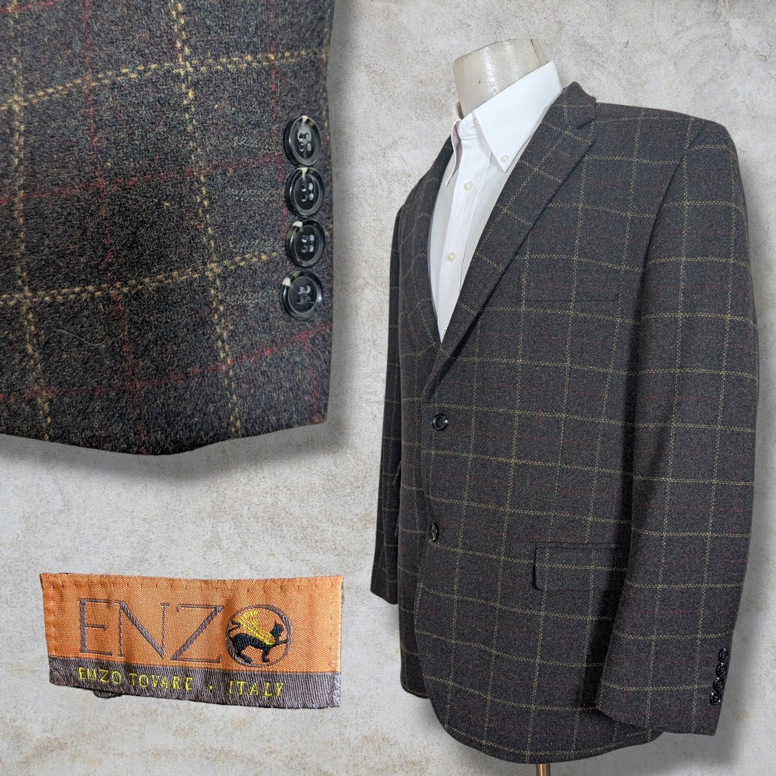 Vintage Enzo Tovare Sport Coat Blazer Wool Brown Check Paisley Lining 46R