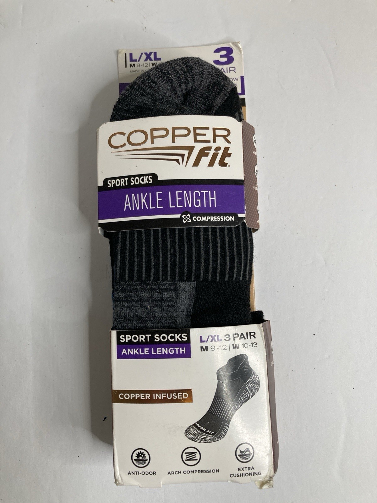 Copper Fit Infused Sport Ankle Socks 3 Pair Large L/XL Black Size M 9-12 W 10-13