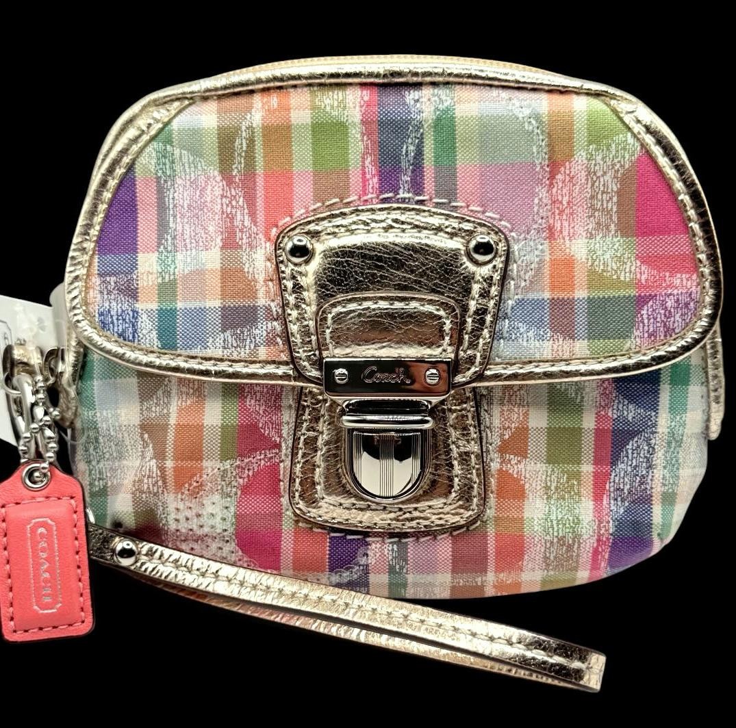 NWT Coach Poppy Madras Plaid Push Lock Wristlet 47587 Metallic Gold Y2K Vintage