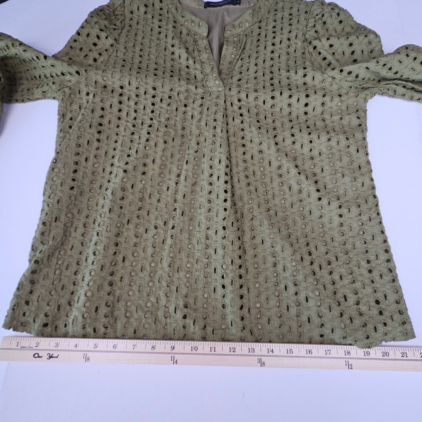 Merokeety Women Olive Green Eyelet Embroidered Split Neck Long Sleeve Blouse L