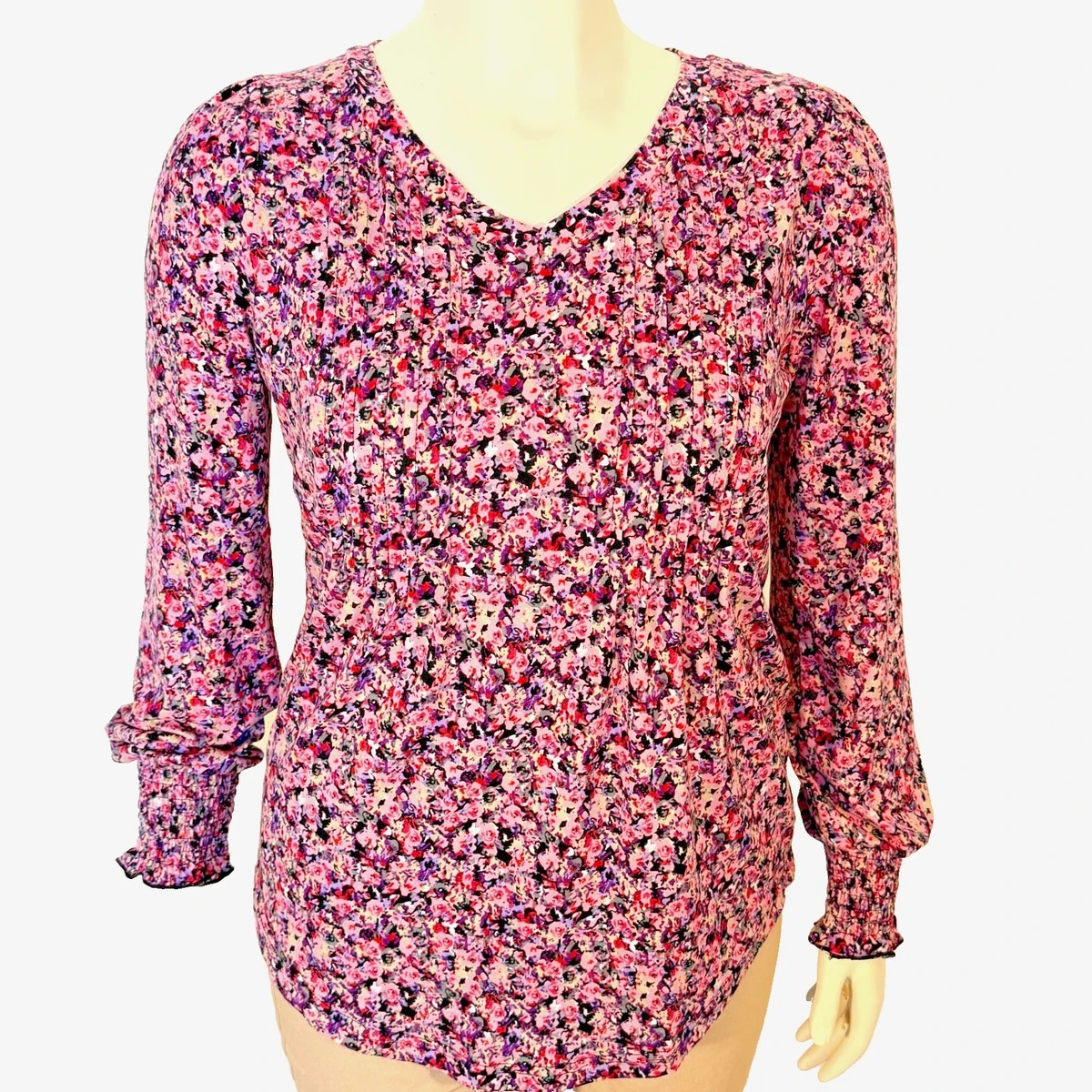 Long Sleeve Blouse Womens M Ditsy Floral V-Neck Long Sleeve Gathered Cuffs
