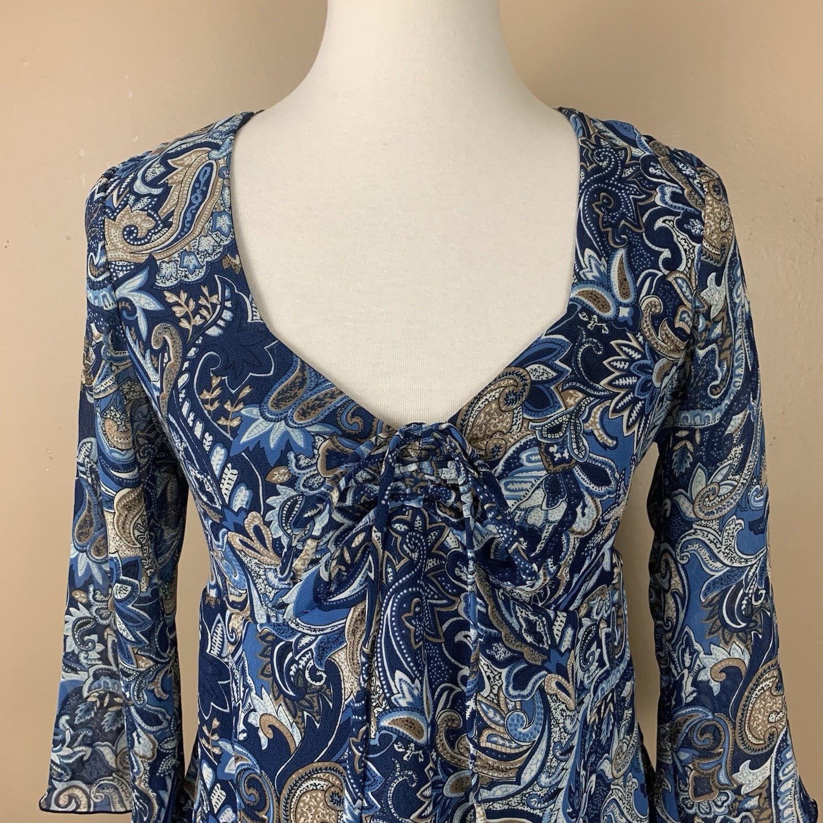 Vintage Y2K Top Womens Medium Blue Paisley Print Sheer Babydoll Feminine Blouse