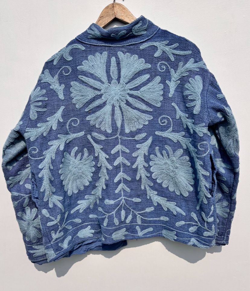 Bohemian Indigo Blue Hand Embroidered Floral Jacket Artisan Ethnic Suzani Coat