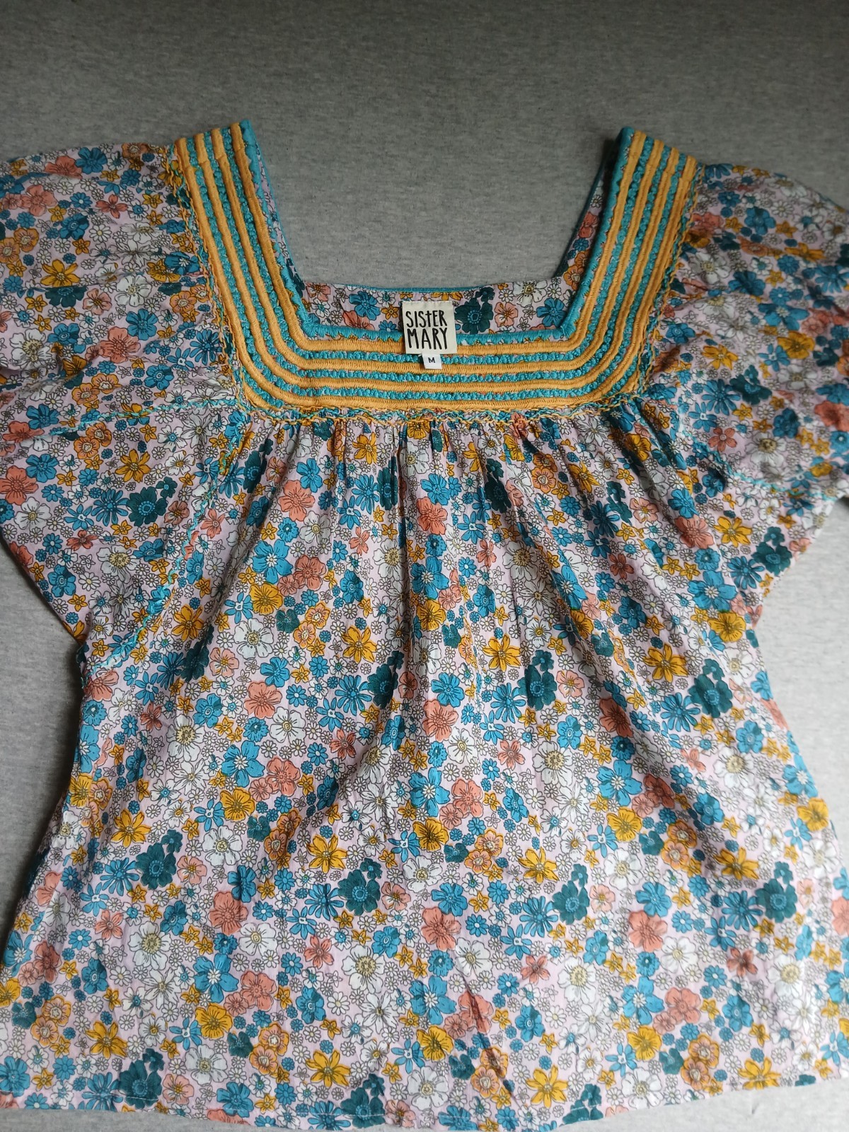 Sister Mary Top Medium Embroidered Floral Cottage Hippie Peasant Boho Bohemian