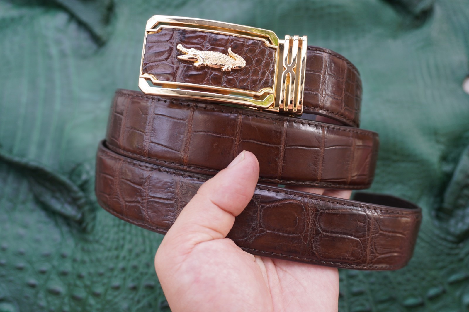 W1.3 inch Brown Genuine Crocodile Belly Leather Skin Men’s Belt Buckle #D32