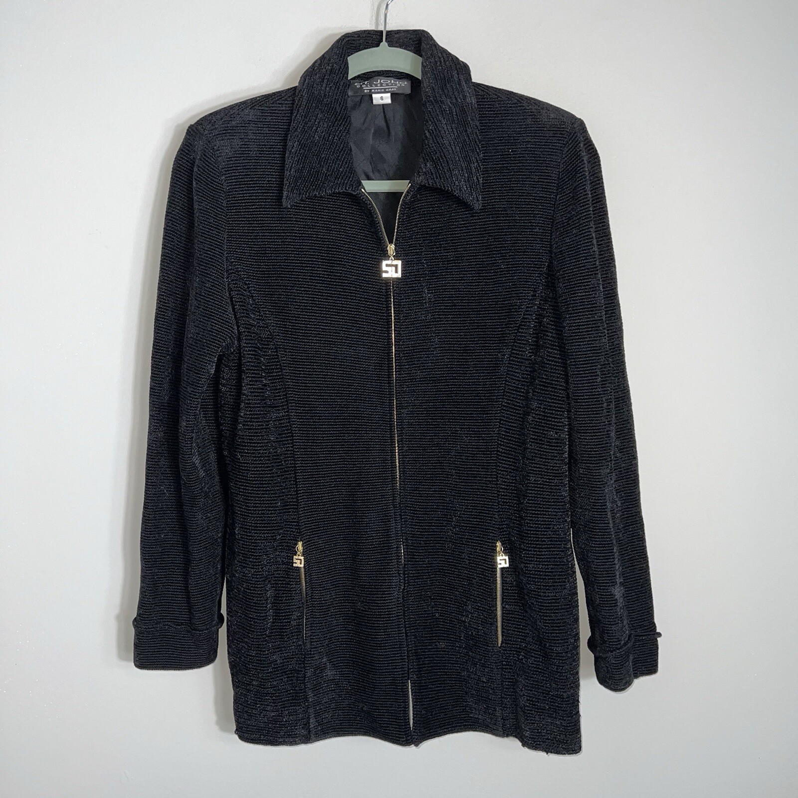 St John Collection By Marie Gray Full Zip Chenille Jacket Coat-Black-Size 6