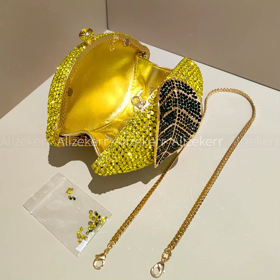 Lemon Shaped Diamond Evening Bags Women Gorgeous Unique Bling Rhinestone Metalli