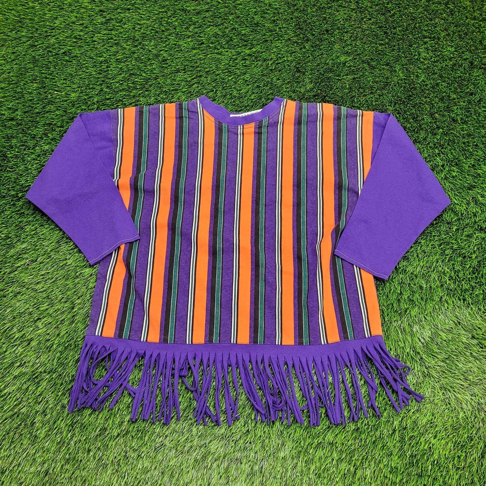 Vintage 90s Summer Fringe Stripes Shirt Womens Large 22×21 Baggy Boxy