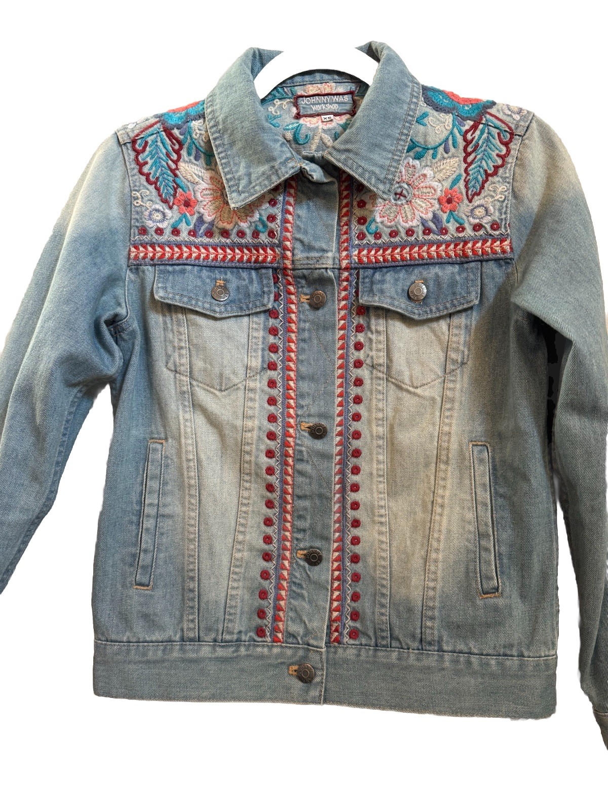 Johnny Was Oman Embroidered Denim Jean Jacket Women’s Boho Artsy Colorful XS