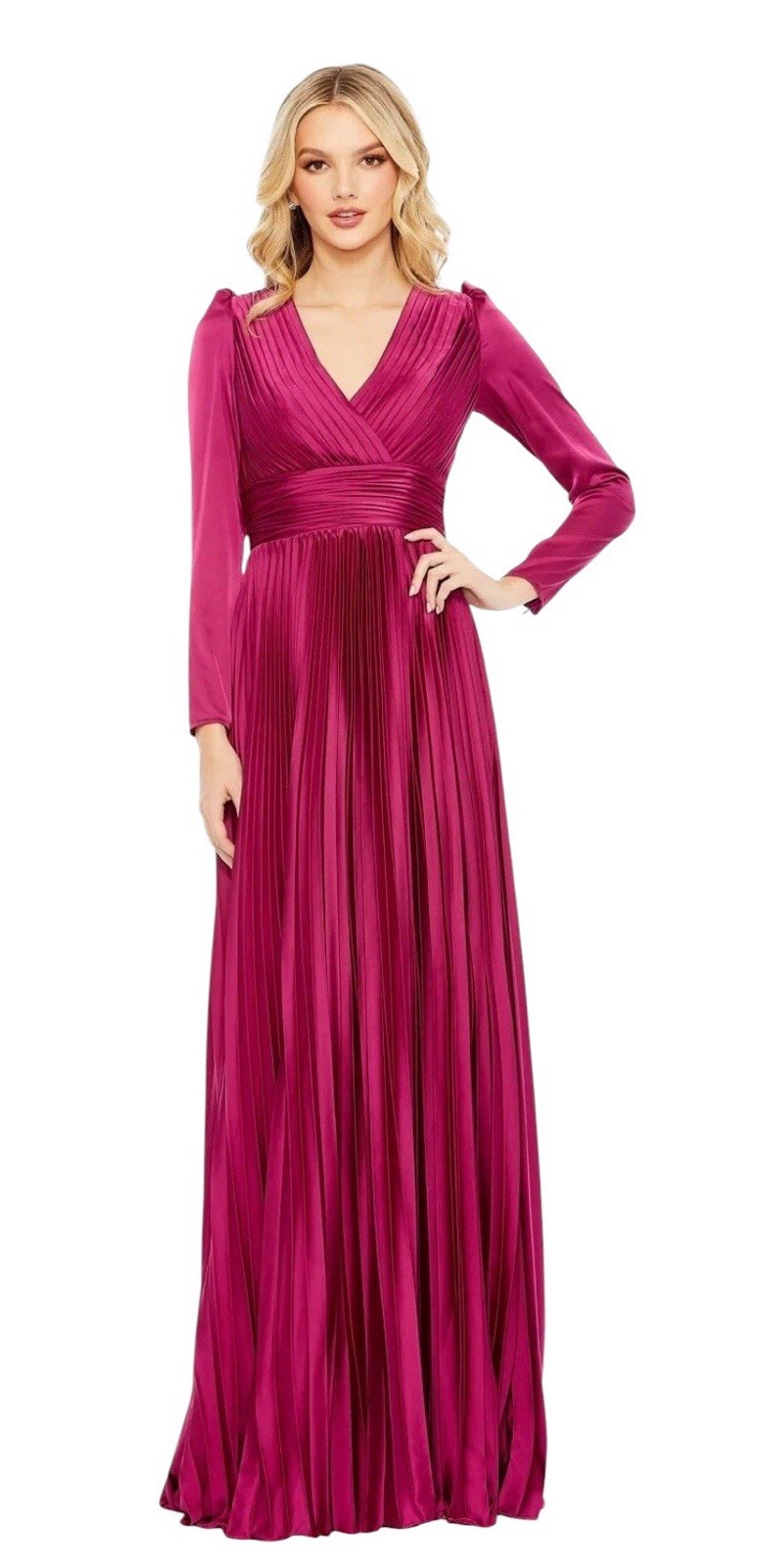 Mac Duggal 26542 Magenta Pleated Satin Long Sleeve Empire Waist Gown Size 8 $458