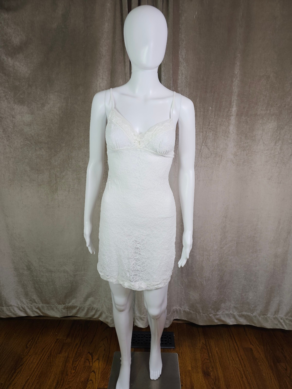 Victoria’s Secret Slip Dress Medium White Lace Sheer Mesh Chemise STAIN