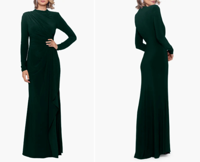 BETSY & ADAM Forest Mock Neck Ruched Ruffle Long Sleeve Stretch Jersey Gown 12