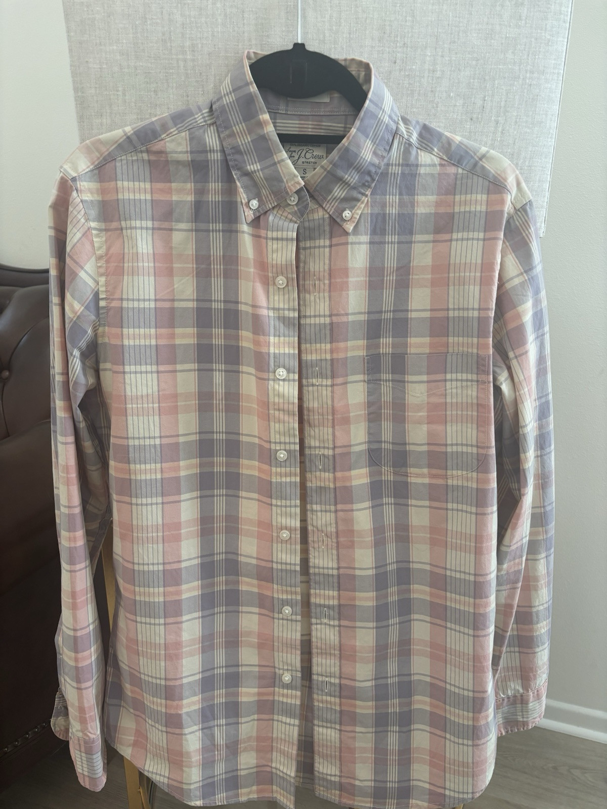 J.Crew Men’s Small Purple Pink Beige Slim Plaid Long Sleeve Shirt Organic Cotton