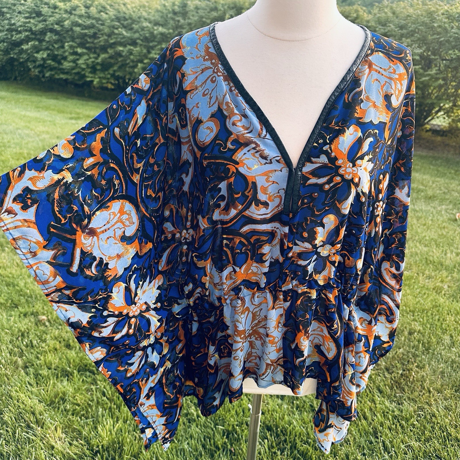 Y2K Alberto Makali Caftan Tunic Top L Oversized Boho Resort Blue Gold