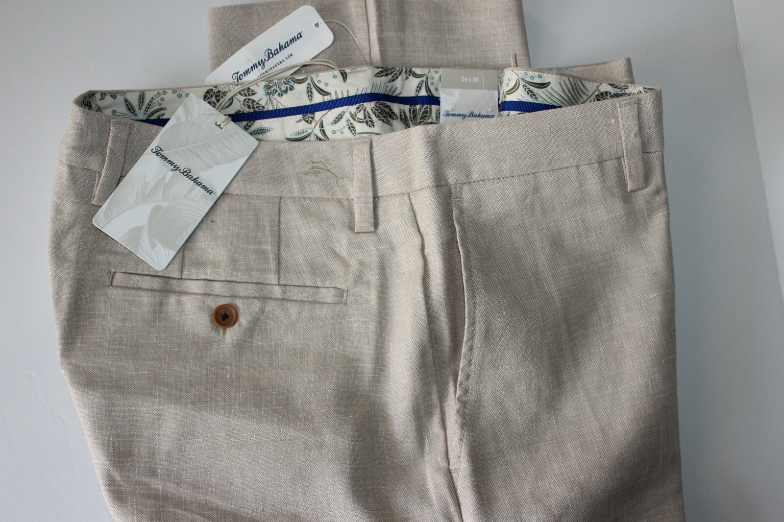 Tommy Bahama Pants Latigo Beach Flat Front Stone Khaki Linen New 38×30 38 Waist