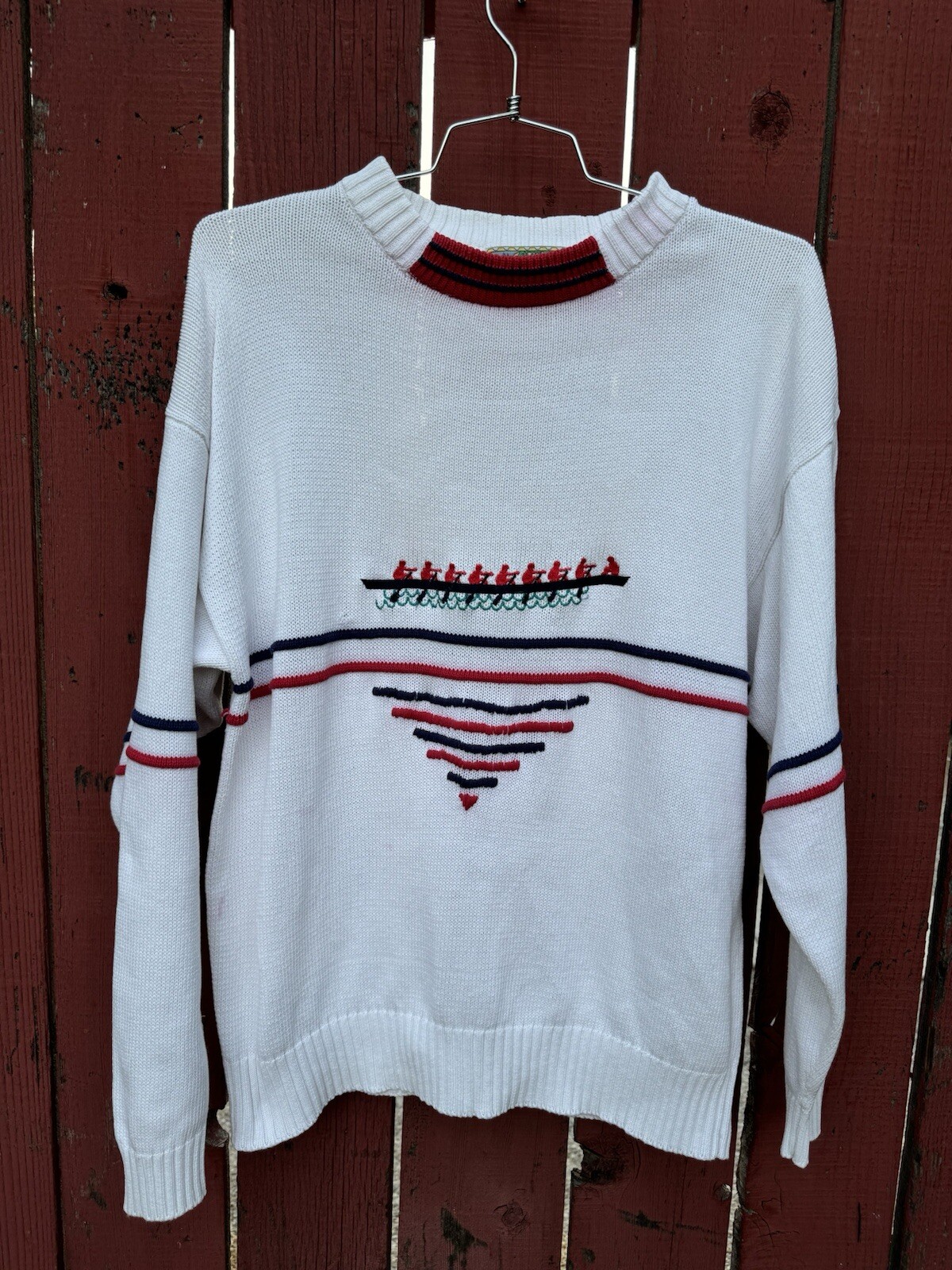 FLAWS Vintage Rowing Boat Knit Sweater Lake Preppy Nautical Summer 4th of July