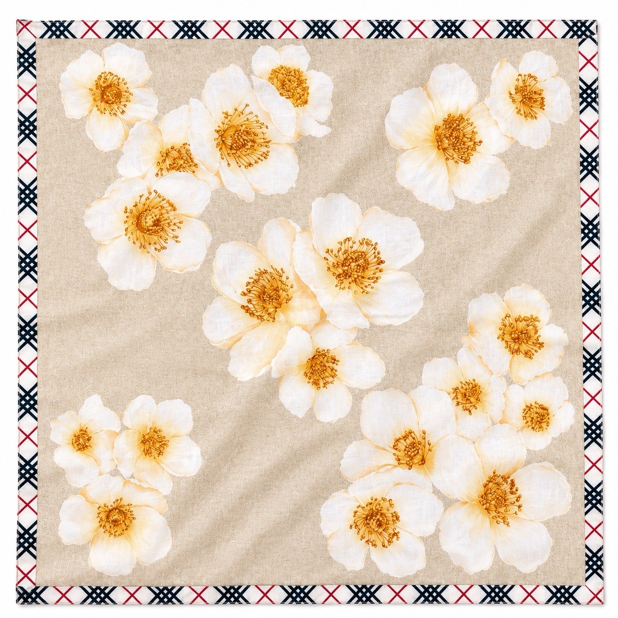 Burberry Floral Handkerchief Beige/White Flowers Plaid Border Black/Red 1pc