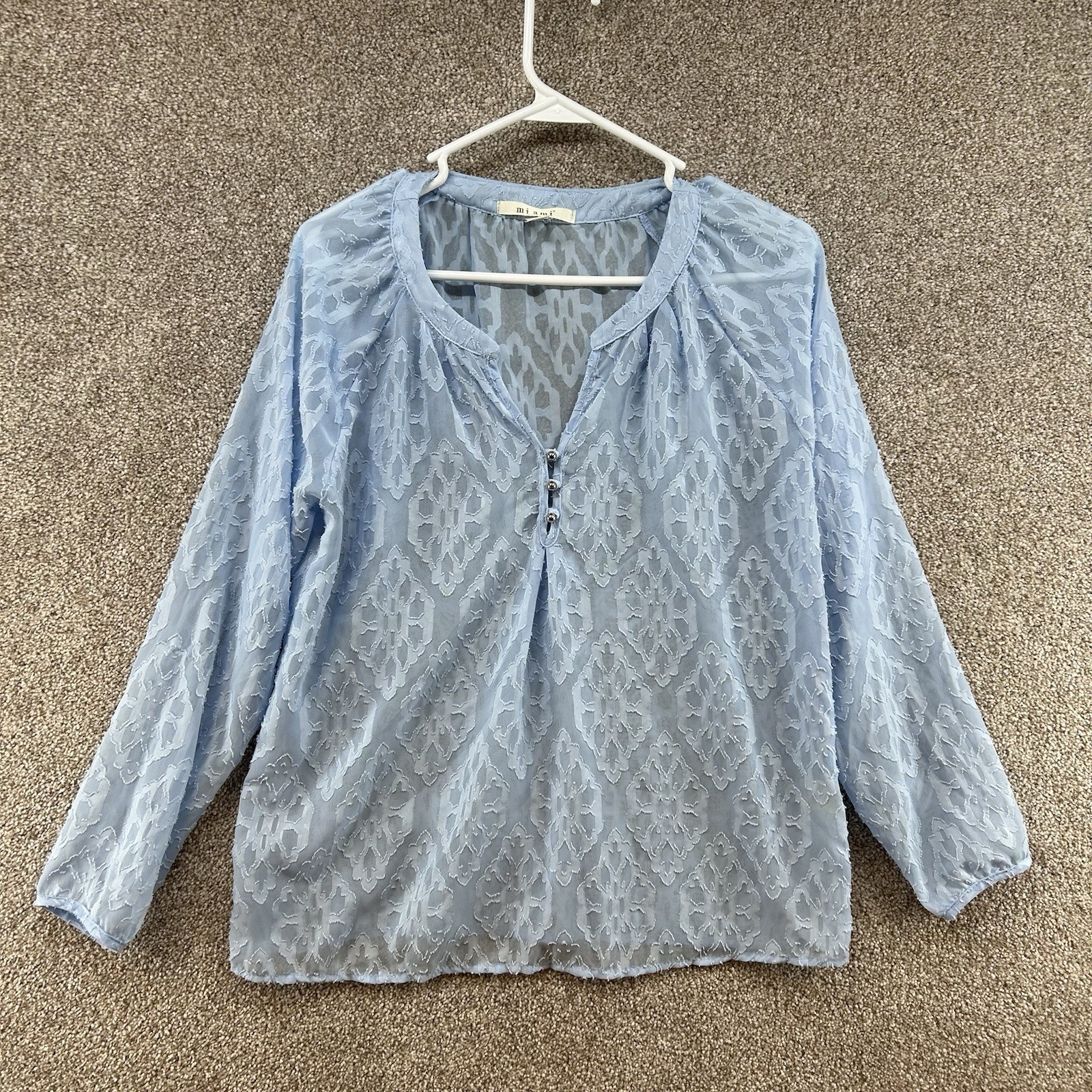 Miami Women’s Blouse Size Small Blue Semi Sheer Long Sleeve V-Neck Floral