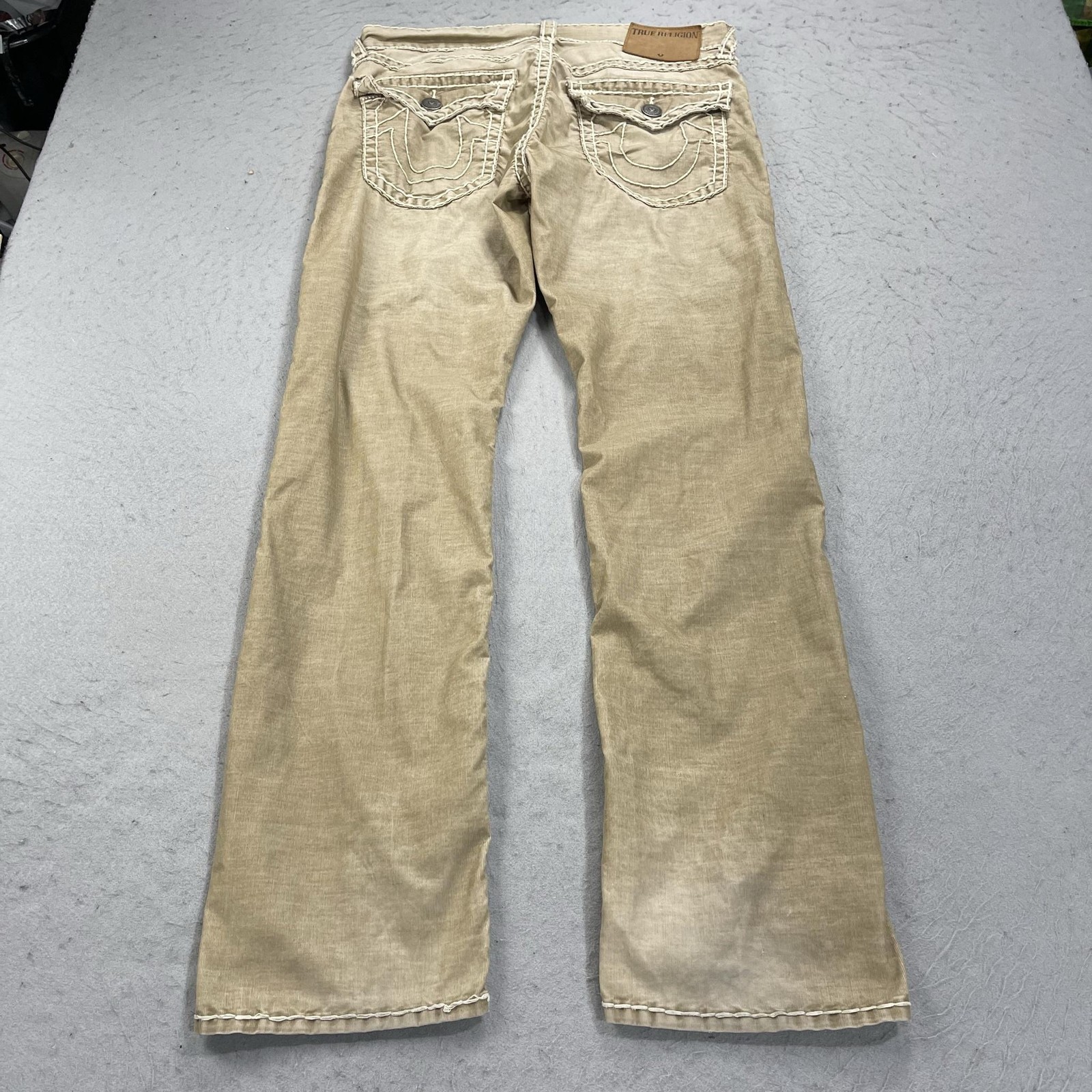 True Religion Ricky Jeans Mens 34×33 Beige Relaxed Straight Embroidered Denim