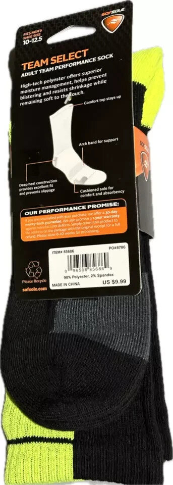 Lot 4 Pairs Men’s Team Select Socks Large Shoe Size 10-12.5 Black Neon Yellow