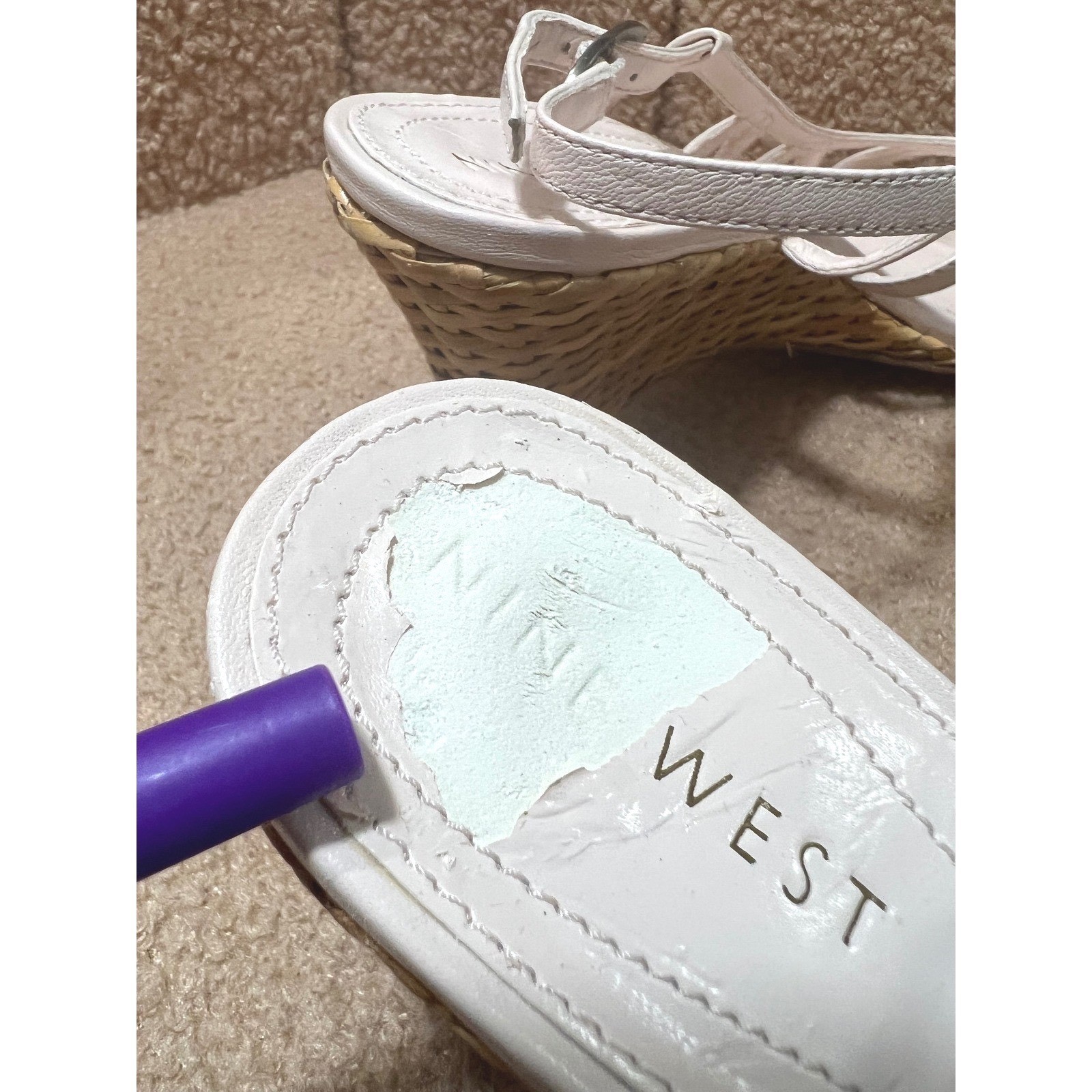 Nine West Essential Pink Leather Strappy Woven Raffia Wedge 7.5M INSOLE PEELINGS