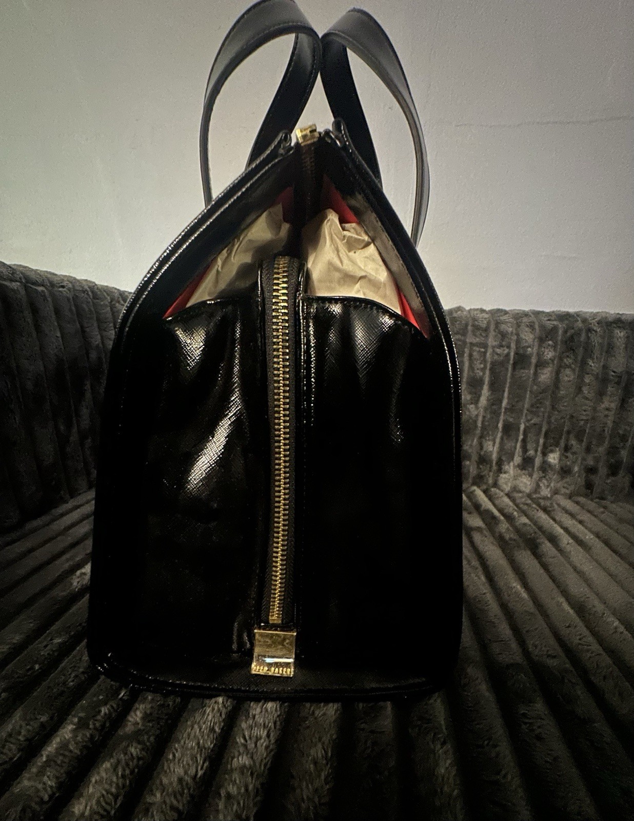Ted Baker Floral Print Tote Satchel Handbag Black Patent Trim Gold Hardware