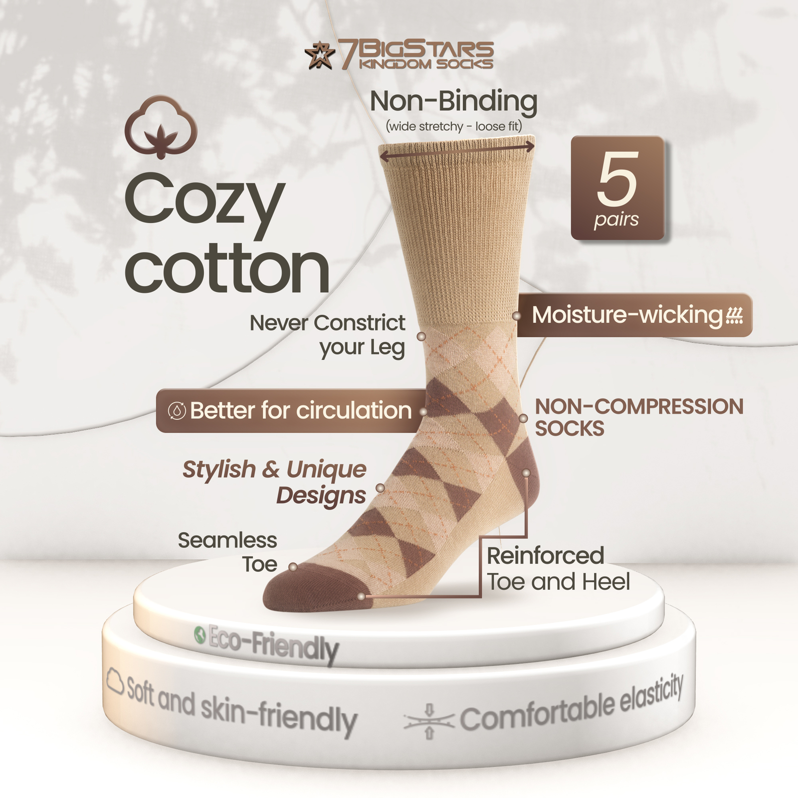 Men Diabetic Wide Cotton Crew Sock 5 Pack Large-Stripe Khaki, Brown, Beige