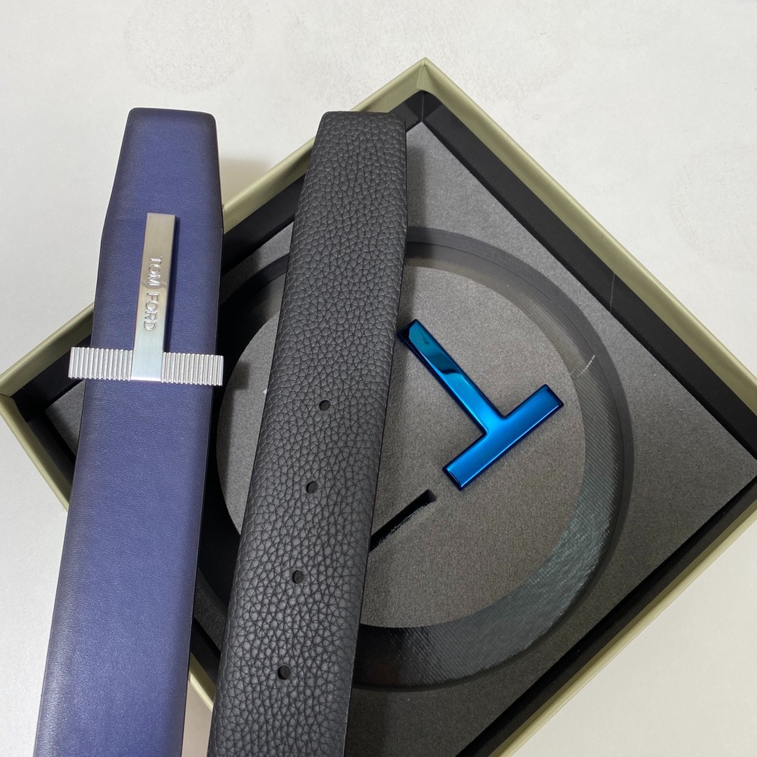 Tom Ford Mens T Logo Blue/Black Leather Dress Belt S.S. Buckle