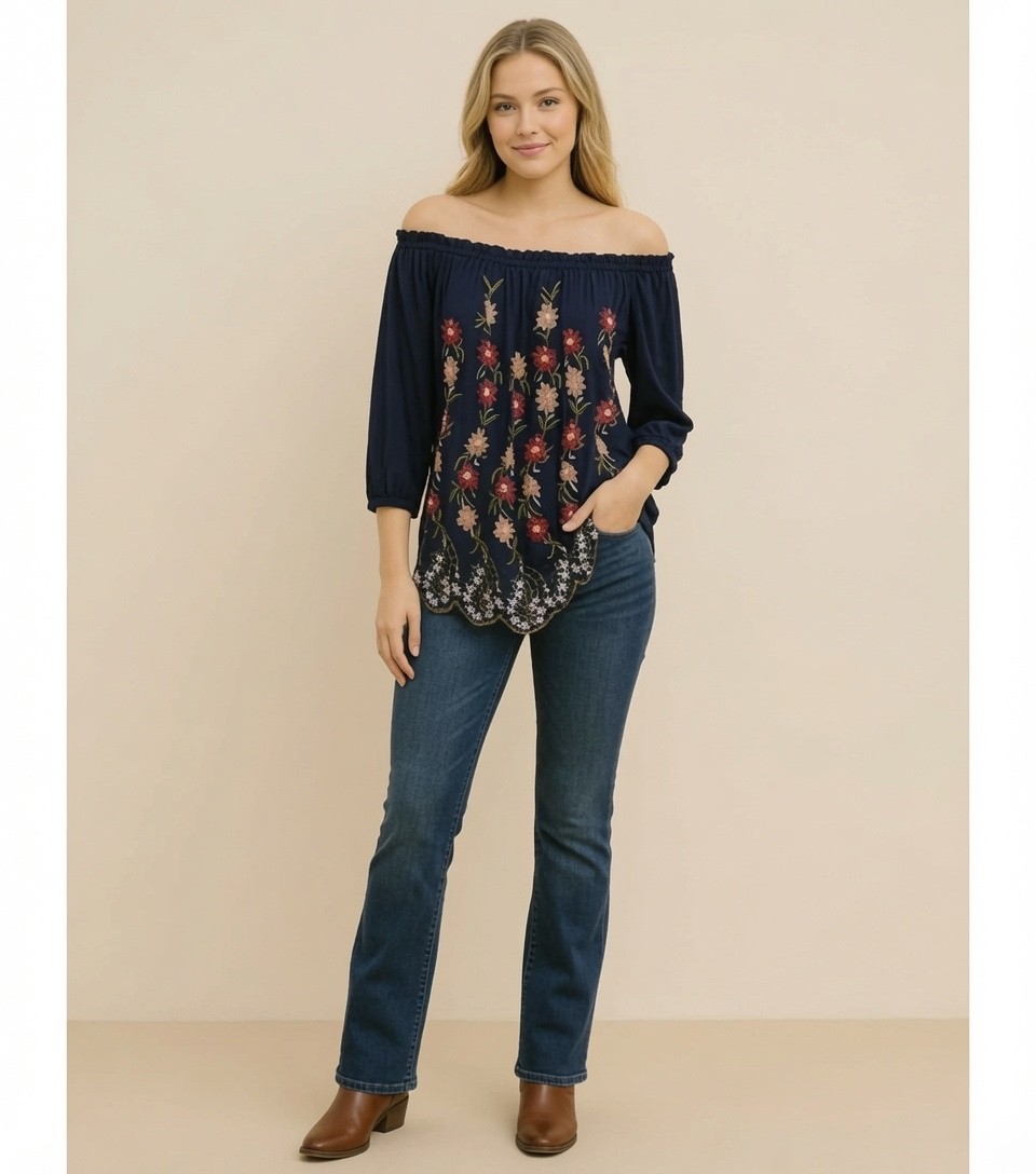 Chelsea & Theodore NWT Off the Shoulder Embroidered Boho Peasant Blouse Top Sm