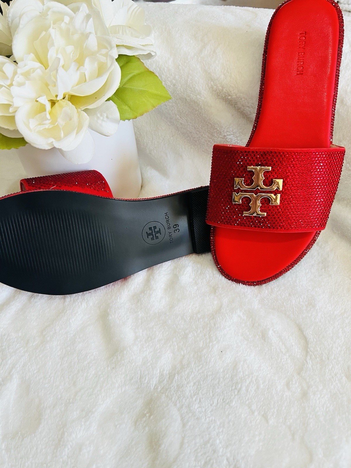 Tory Burch Rhinestone Logo Slip-On Slide Sandals – Red Women