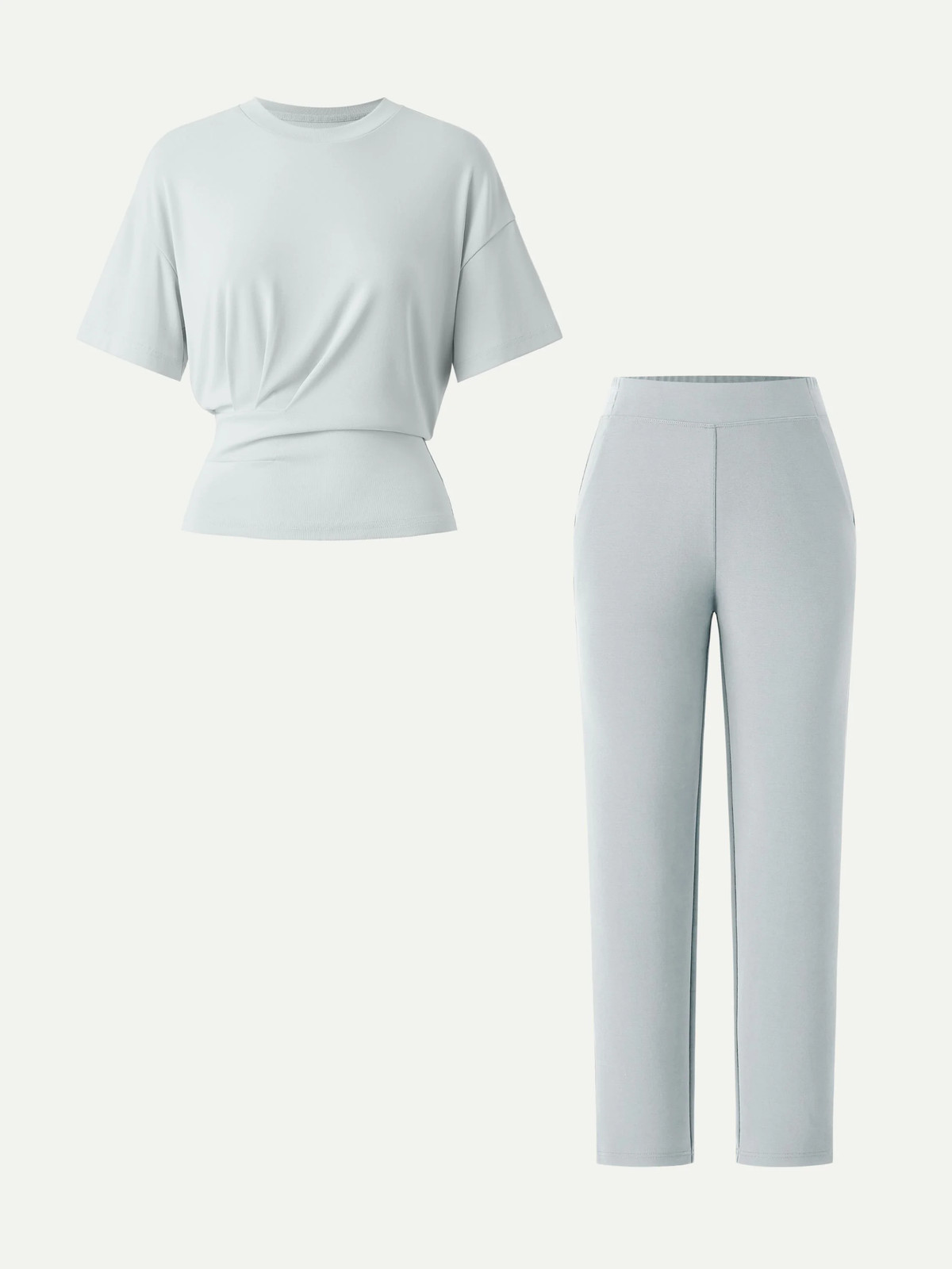 2Pcs Set Crewneck Tucked Tee & Mid Rise Tapered Pant with Pockets