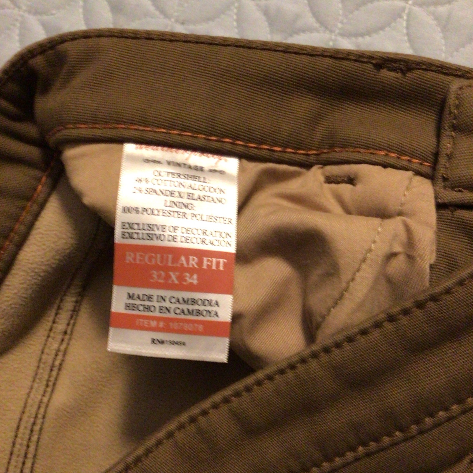 Weatherproof Lined Brown Canvas Stretch Pants Straight Leg Flat Front 32Wx34L