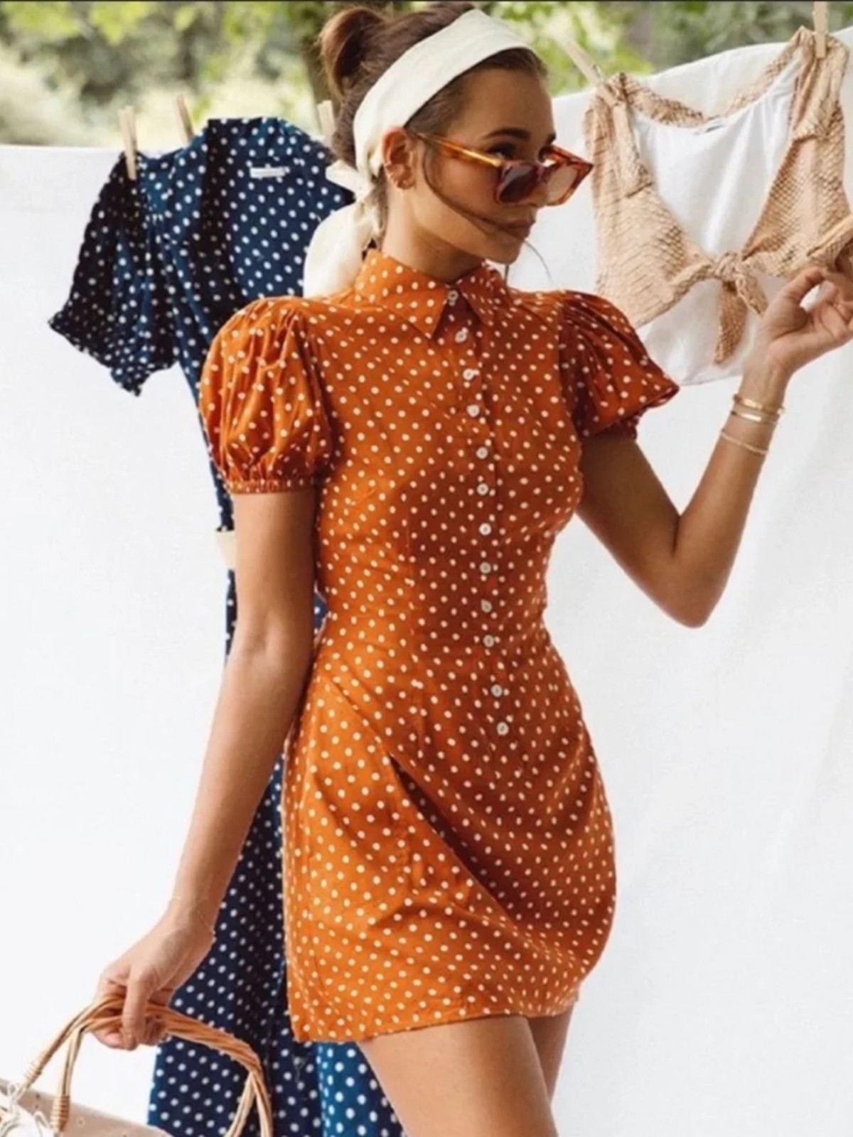 WeWoreWhat Elle Dress M Bran Rust Polka Dot Puff Sleeve Mini Shirt Dress NWT